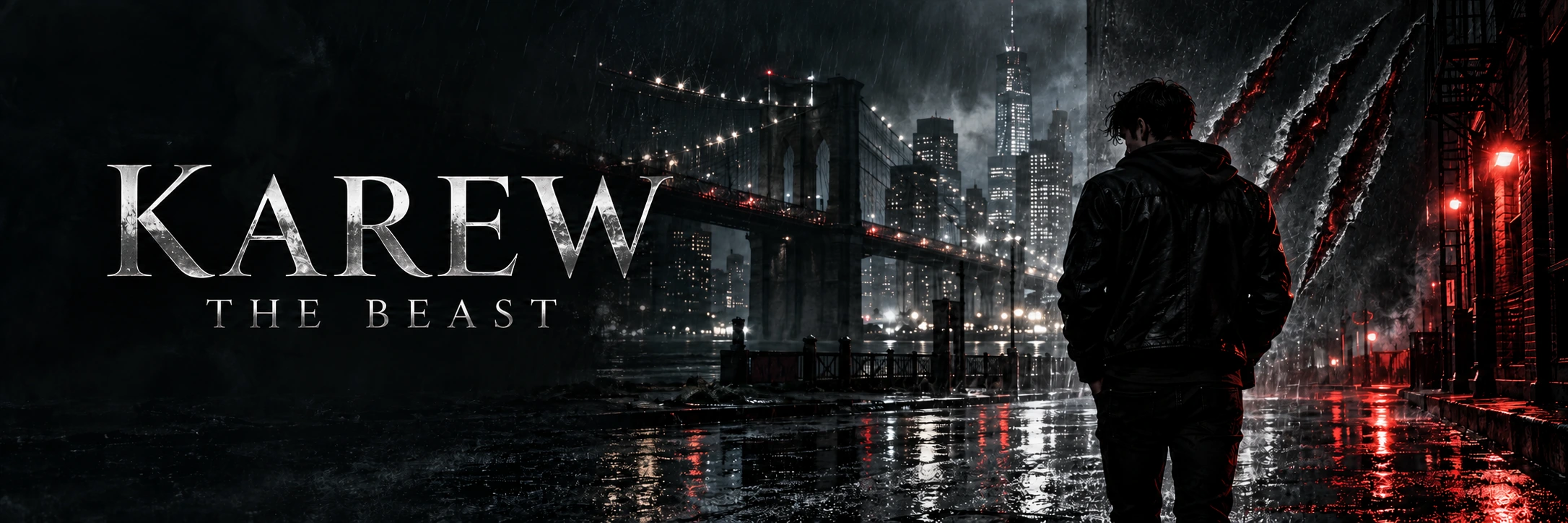 Karew: The Beast. A lone man overlooks a rainy Brooklyn night beneath silver claw marks.